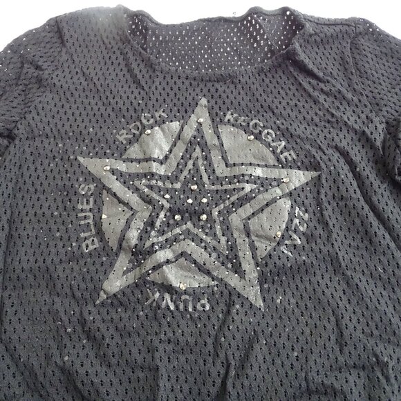 France Mode Black Mesh Studded Star Graphic Top Women Size S 3/4 Sleeve FLAW - Picture 2 of 12